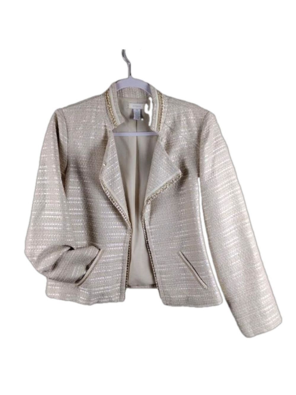 Chico's Cream Gold Metallic Tweed Stand Up Collar Long Sleeve Open Front Blazer